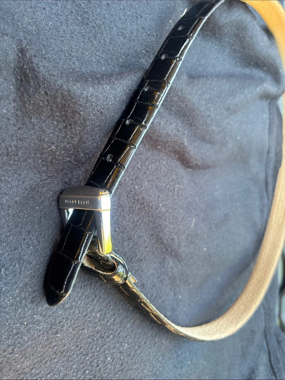 Perry Ellis Croc-Embossed Black Patent Leather Belt with Gold Buckle Vintage